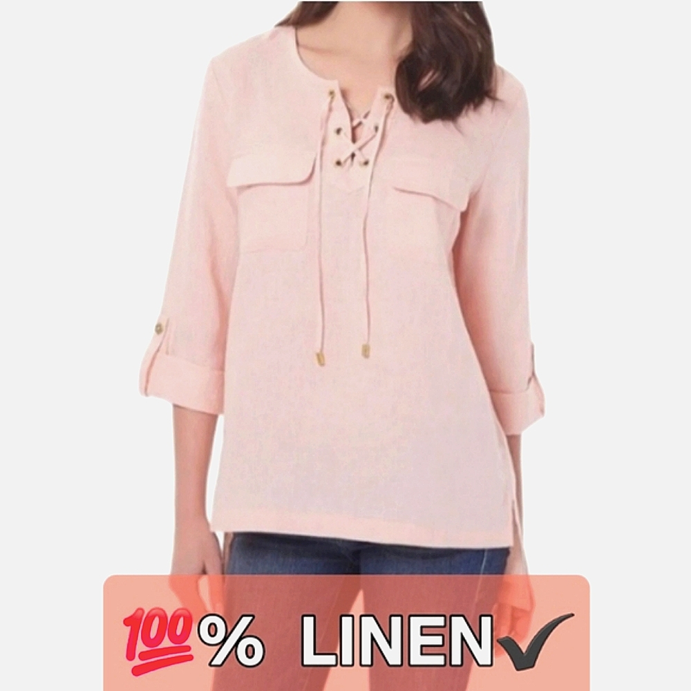 ELLEN TRACY Peach Pink Linen High Low Lace-Up FrontTunic Top Rolled Tab Sleeves
